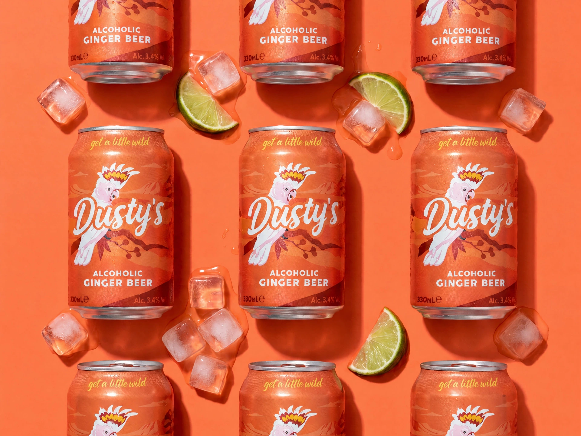 Dusty's ginger beer cans arranged with lime wedges and ice cubes on a coral background.